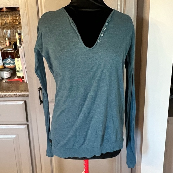 Zadig & Voltaire Teal Blue Fine Knit Henley Sweater with Skull Bak Design - Picture 1 of 6